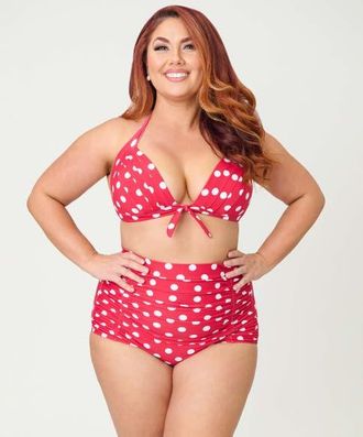 Unique Vintage Plus Size Monroe High Waist Bikini Bottom in Red & White Polka Dot Print at Nordstrom, Size 1X