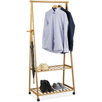 Relaxdays Perchero Ruedas, Burro Ropa Con 2 Estantes Para Zapatos, Colgador, 1 Ud., Bamb&uacute;, 166 X 84 X 45 Cm, Marr&oacute;n - Relaxdays