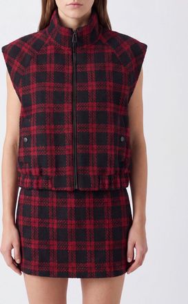 Pinko Gilet in misto lana con motivo tartan e collo alto
