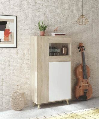 Dmora Vitrina Moderna Con 3 Puertas, Made In Italyy, Aparador Alto Con Estantes, Mueble De Entrada, 77x33h142 Cm, Color Roble Y Blanco, Con Embalaje Reforza