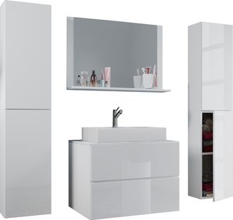 ebuy24 Ebuy24 - Vcm 5pcs Lavabo Lavabo Gabinete Inferior Ancho 80 Cm Muebles De Ba&ntilde;o Conjunto Con Cajones Espejo De Puertas Giratorias Lendas Xl (blanco)