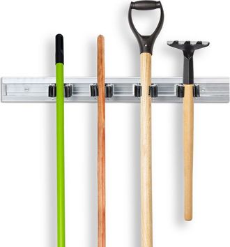 Relaxdays Porta Utensili da Parete Porta Attrezzi per Giardino Porta Scope Barra Metallica in Alluminio Color Argento - Relaxdays