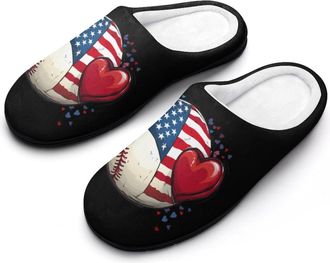 Generic Baseball USA Flag Heart Womens Slippers Warm House Slippers Indoor House Shoes with Anti-Skid Rubber Sole
