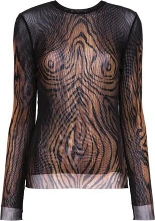 Jean Paul Gaultier Tops, Dames, Veelkleurig, L, Gedrukt Hout Mesh Longsleeve Top