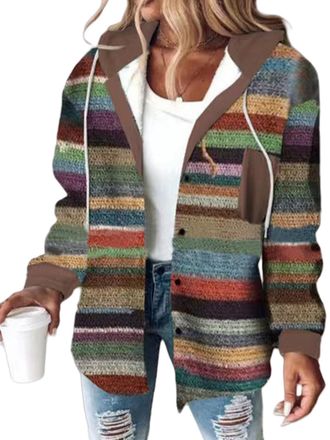 Generic Womens Plaid Button Down Fleece Lined Hooded Lightweight Casual Jackets Warm Coat (BROWN COLORFUL,3XL)