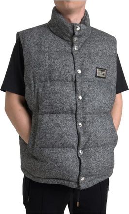 Dolce & Gabbana Elegante Vest Jas van Gebreid Wolmengsel met Visgraatpatroon - Heren - Bodywarmers - Grijs - 3XL - Wol - Jassen