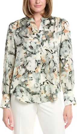 Anne Klein V-Neck Satin Pleat Front Blouse