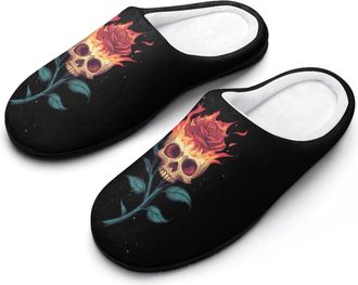 Generic Skull with Rose Fire Mens Slippers Memory Foam Winter Warm Sandals Slip On House Shoes Size 7-14