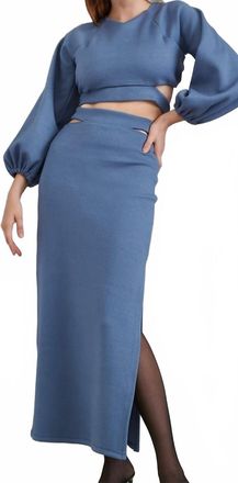 Lace Maxi Skirt With Slit In Steel Blue