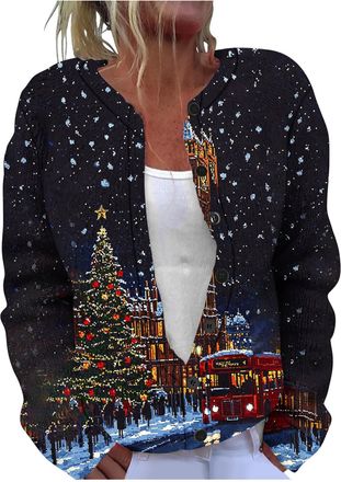 Generic Christmas Cardigans for Women UK Elegant Retro Printed Ribbed Knit Coat Ladies Novelty Xmas Colourful Print Cardigans Soft Knitted Jumper Sweater Wome