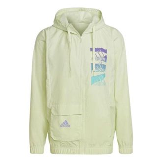 adidas Mens adidas Alphabet Logo Long Sleeves hooded Windbreaker Jacket Green HE4304