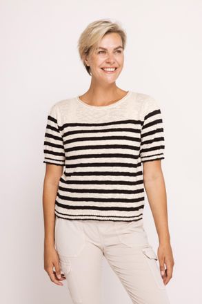 Zhrill Kurzarmpullover ZHRILL ZHRASTA, Damen, Gr. XXL, schwarz, Feinstrick, Obermaterial: 100% Baumwolle, geringelt, gestreift, regular fit h&uuml;ftlang, Rundhal