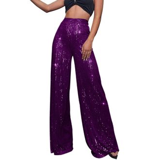 Generic Wide Leg Trousers for Women UK, Womens Casual Sparkly Sequin Pants High Waisted Wide Leg Palazzo Bell Bottom Dance Trousers Loose Pull On Comfy 70s Ma