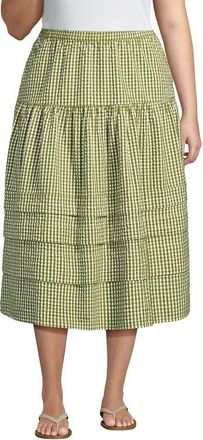 Lands End Plus Size Seersucker Pull On Midi Skirt in Vintage Lime Green Gingham at Nordstrom, Size 3X
