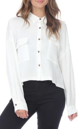 Rain + Rose Cropped Cotton Gauze Button-Up Shirt in White at Nordstrom Rack, Size X-Large