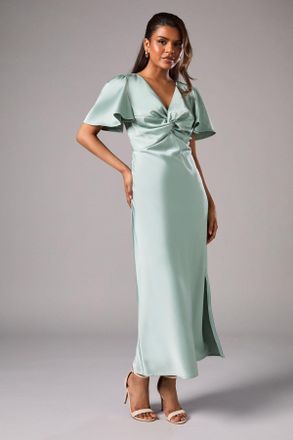 Oasis Womens Petite Satin Twist Angel Sleeve Midi Bridesmaids Dress - Green - Size 14 UK