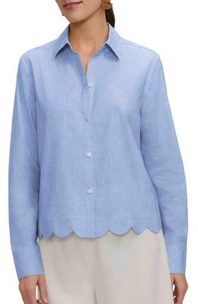 Foxcroft Scarlett Scallop Hem Linen Blend Button-Up Shirt in Powder Blue at Nordstrom, Size X-Large