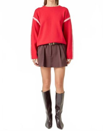 English Factory Womens Stitch Detailed Crew Neck Knit Top In Red