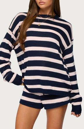 Edikted Amaris Stripe Oversize Cotton Sweatshirt in Navy-And-Pink at Nordstrom, Size X-Large