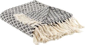 Beliani Beliani - Manta De Algod&oacute;n Con Estampado Geom&eacute;trico Hecho A Mano 125 X 150 Cm Con Flecos Negro Y Beige Chyama