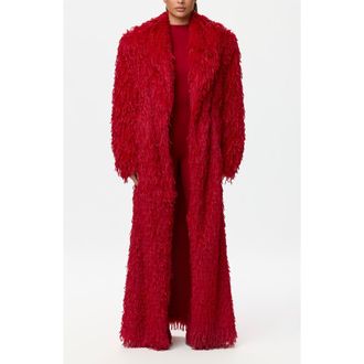 Naked Wardrobe Long Faux Feather Coat in Ruby Red at Nordstrom, Size X-Small