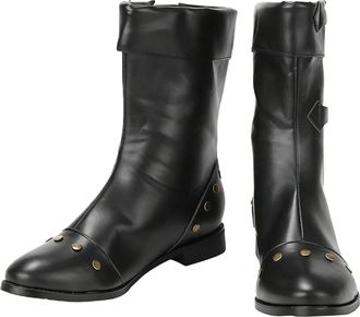 Generic Mens Pull on Medieval Boots with Buckle Round Toe PU Leather Mid-Calf Boots Flat Heel Vintage Cosplay Boot with Rivet,Black,6.5 UK