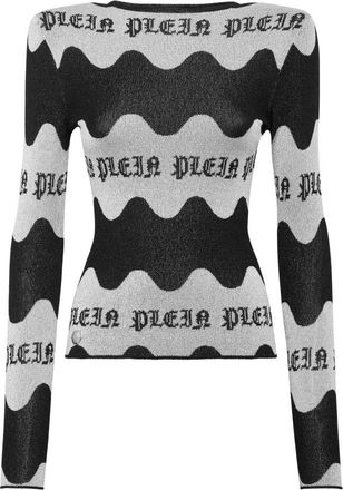 Philipp Plein Jacquard Lurex Top met Gevulde Schouders Waves - Dames - Ronde hals truien - Veelkleurig - M - Leer - Truien & Vesten
