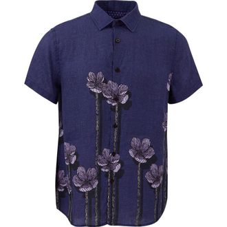 Lords of Harlech Crafty Floral Short Sleeve Fine Linen Shirt in Crafty Floral Navy at Nordstrom, Size X-Large
