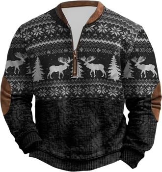 Generic Mens Christmas Jumpers 1/4 Zip Fleece Ugly Christmas Sweatshirt Pullover Men Long Sleeve Plus Size Funny Printed Xmas Jumper Winter Thermal Warm Cosy 