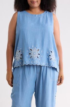 T Tahari Embroidered Eyelet Hem Chambray Shell in Washed Denim/Cream at Nordstrom Rack, Size 1 X