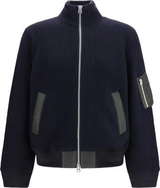 sacai Ribbed Knit Blouson - Heren - Truien - Blauw - Maat: L Wol