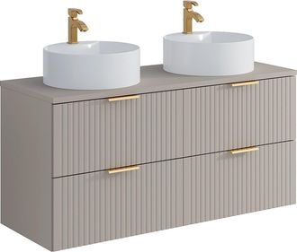 Vente-Unique Mueble de ba&ntilde;o suspendido estriado con lavabo redondo sobre encimera - Beige - L120 cm - ZEVARA