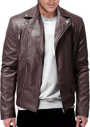 Generic MenS Leather Biker Jacket Vintage, Distressed Motorcycle Jacket For Men With Stand Collar - Casual Slim Fit Bomber Style Coat Faux Leather Outerwear F