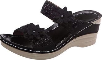 Generic Women Fashion Slip On Toe Beach Flowers Breathable Sandals Open Shoes For Ladies Summer Walking Comfort (Black, 4.5)