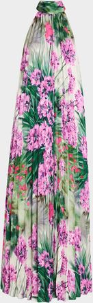 Emanuel Ungaro Pleated Floral-Print Halter Gown