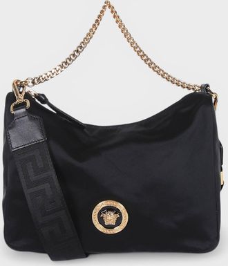 Versace Womens Hobo Calf Leather Bag with Enamel Detail Black Shell - One Size