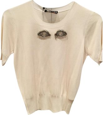 Rochas embellished-eyes short-sleeved knit top Size 40