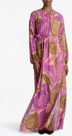 St. John California Poppy Long Sleeve Metallic Fil Coup&eacute; Maxi Dress in Bright Coral Multi at Nordstrom, Size Small