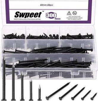 OEM Kit Assortimento Di 300 Chiodi In 5 Misure: 3/4, 1-1/4, 1-3/5, 2, 2-3/8, In Acciaio, Chiodi Per Ferramenta Neri, Chiodi Zincati, Chiodi Piccoli, Chiod