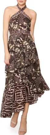 Melloday Mixed Print Tiered Asymmetric Hem Halter Dress in Brown/multi Geo at Nordstrom, Size X-Small