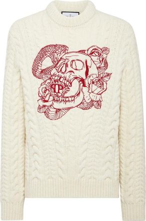 Philipp Plein Wool Sweater Skull - Heren - Ronde hals truien - Wit - S - Wol - Truien & Vesten