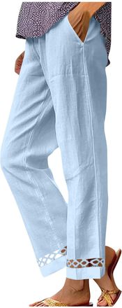 Generic Womens Linen Trousers, Ladies Cotton Pants High Waist Staight Leg Pants for Women Hollow Out Cuffs Sweatpants Womens Jogging Bottoms Loose Fit Summer 