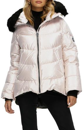 Gorski Apres-Ski High-Low Jacket with Detachable Genuine Shearling Hood Trim in Gold/black at Nordstrom, Size X-Small