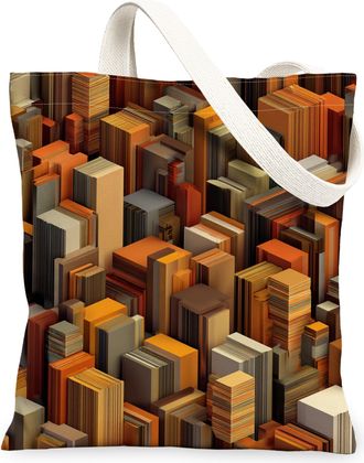Generic Modern Geometric Canvas Tote Bag, Stylish Buildings Pattern Reusable Grocery Bags, Lightweight Washable Shoulder Strap Tote, Brown, 13x15 Inch