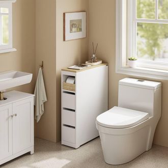 SoBuy Slim Bathroom Side Cabinet - 3 Drawers & Open Shelf in White