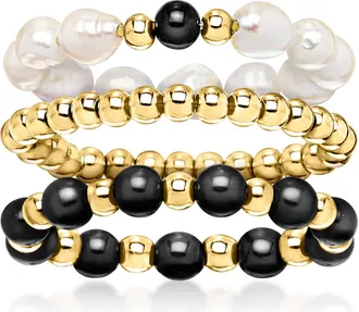 Ross-Simons 3-4mm Cultured Pearl and 3-3.5mm Onyx Bead Jewelry Set: 3 Stretch Rings With 10kt Yellow Gold. Large (9-10)