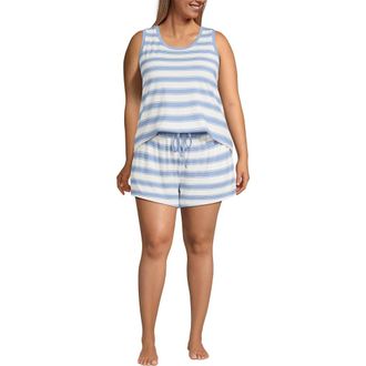 Lands End Cooling 3 Piece Pajama Set - Robe Tank and Shorts in Misty Blue Stripe at Nordstrom, Size 3X