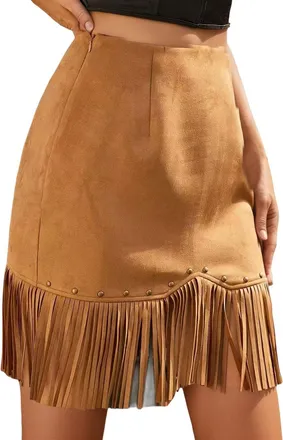 Generic Womens Cowgirl Skirt Vintage Bohemian Fringe Skirt High Waisted A-Line with Rivet Details Faux Suede Skirts Hippie Festival Outfits Casual Daywear