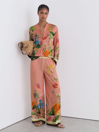 Reiss Pink Tropical Scarf-print Wide-leg Trousers, 18R