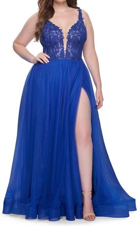 La Femme Lace Embroidered Plunging V-Neckline A-Line Gown In Royal